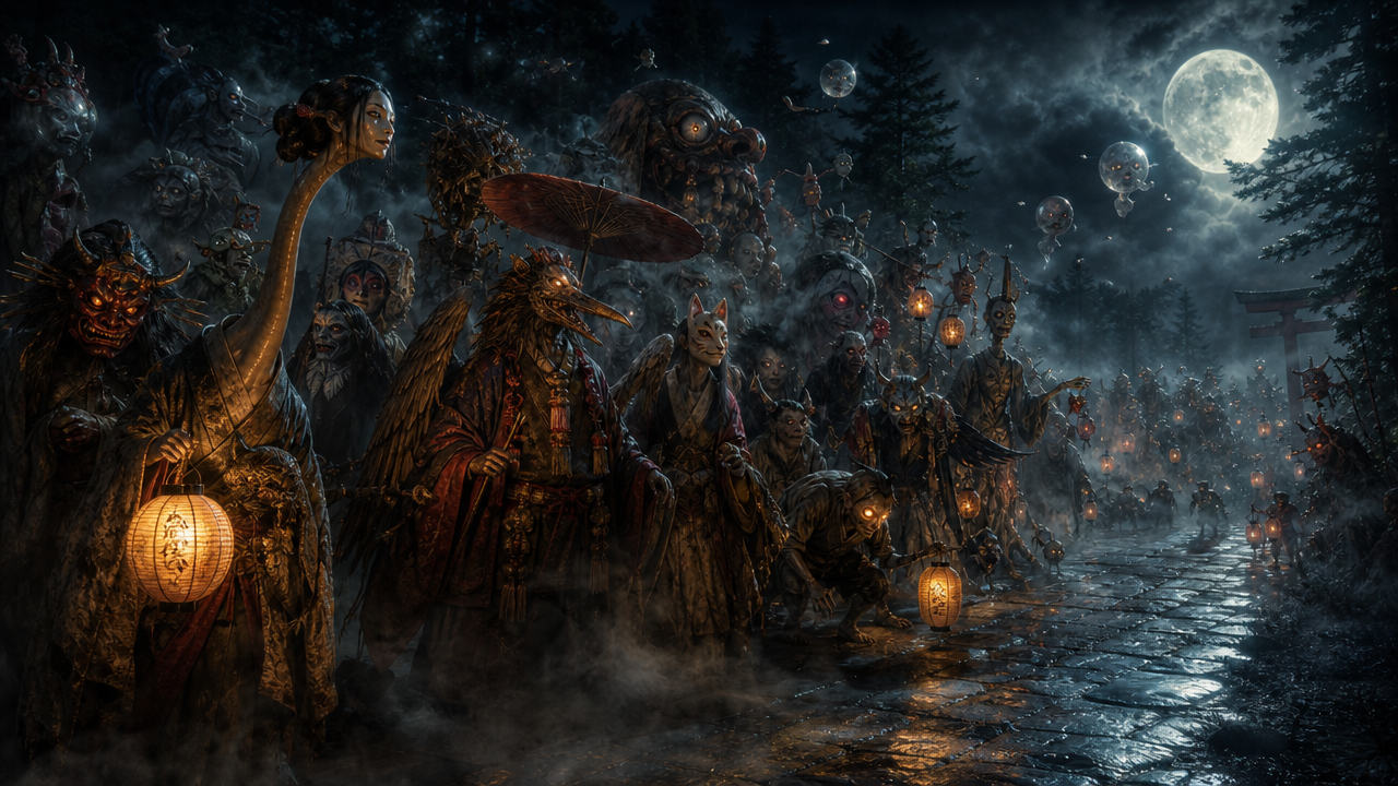 Nighttime procession of fantastical masked creatures lantern-lit along a cobblestone path under a full moon.