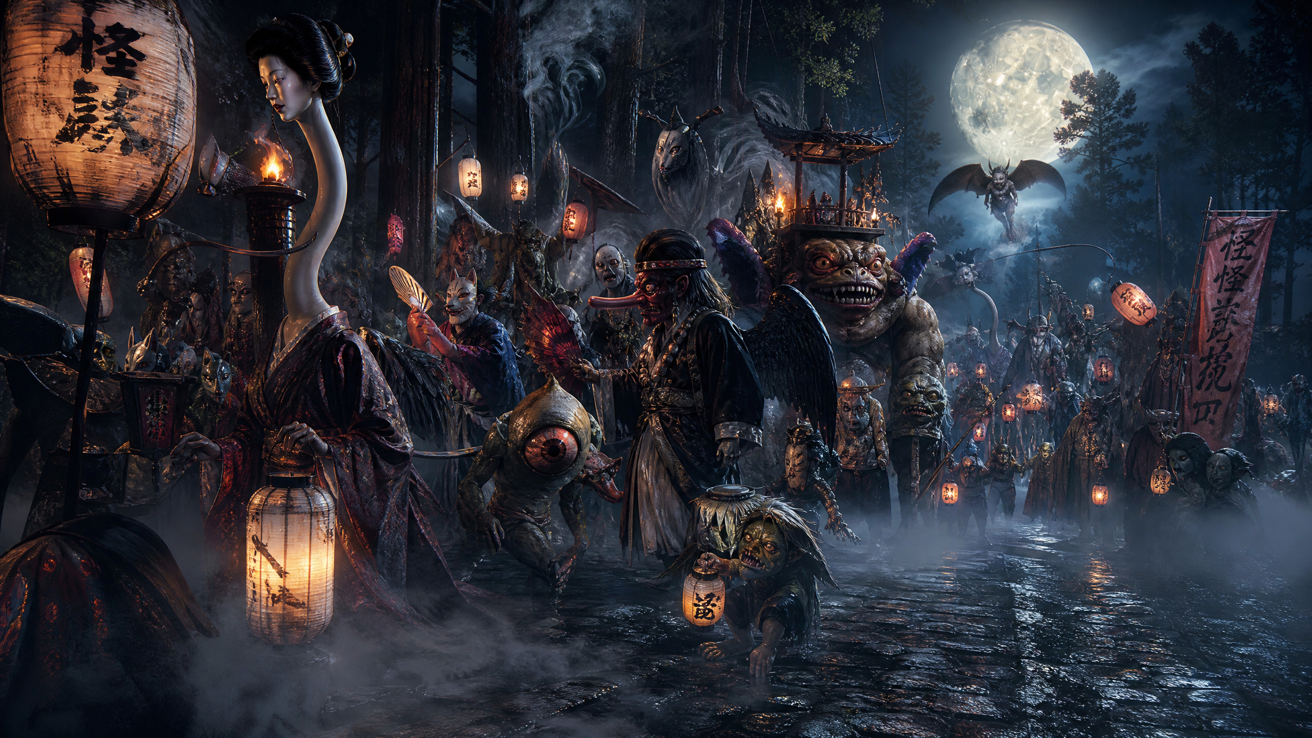 Night-time fantasy parade of eerie creatures and lantern-lit figures along a foggy river.