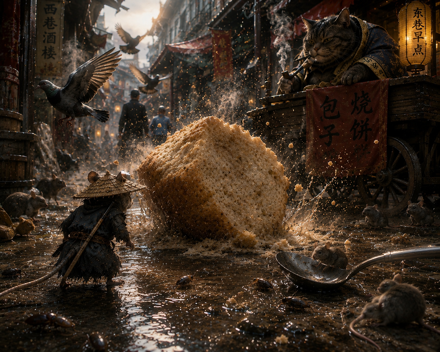 Giant fried ball splashing in a bustling fantasy Asian street market with a cat vendor on a cart and small animal figures ...