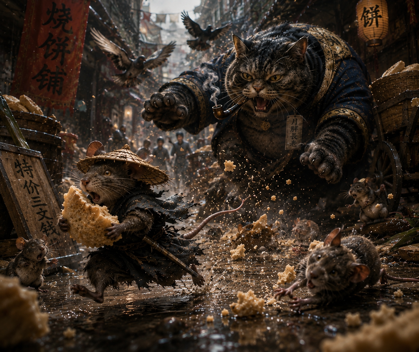 Giant striped cat chases a small mouse through a crowded street market, crumbs flying everywhere.