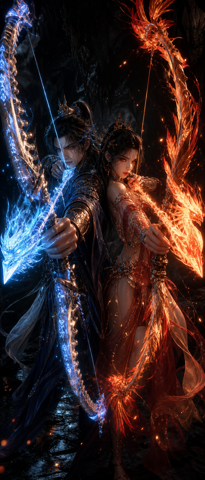 Two armored warriors in a dark cavern wield glowing blue ice and fiery red blades in an epic elemental duel.