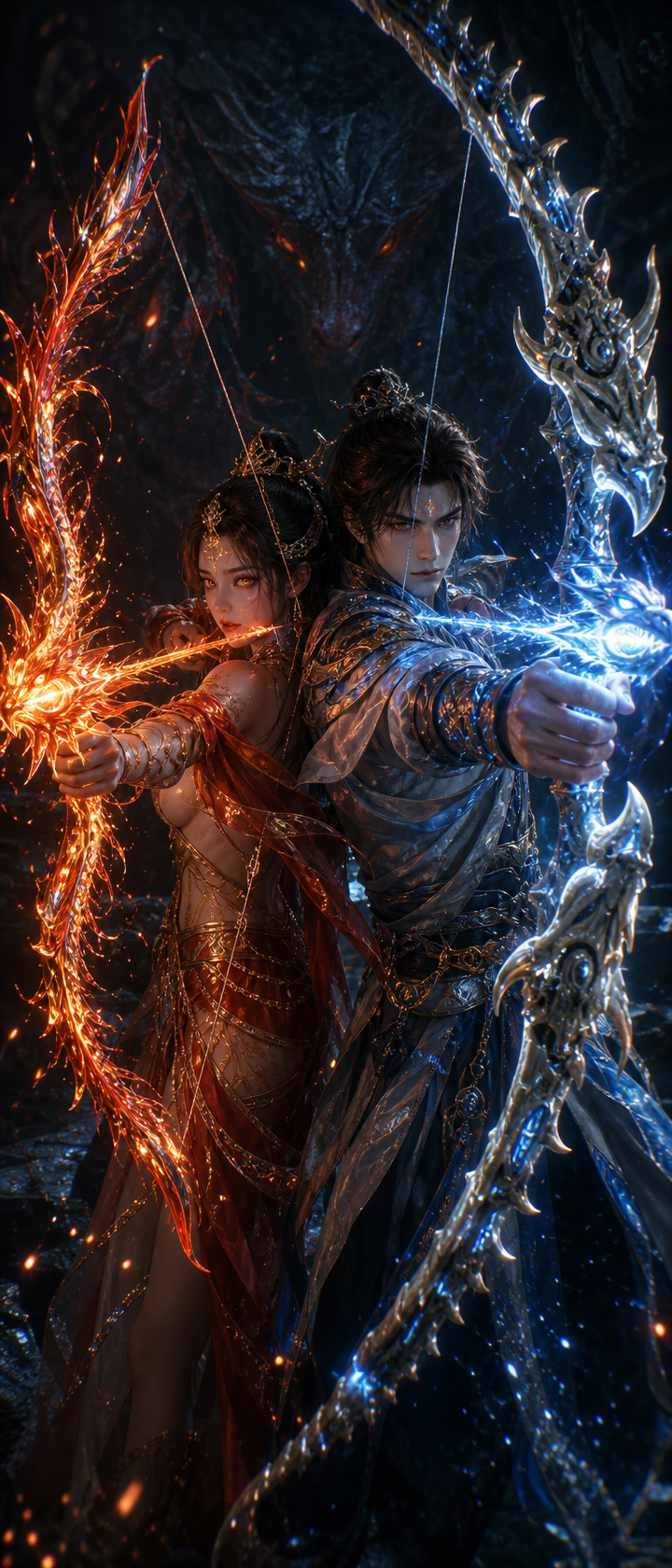 Two ornate archers, a fiery red-haired woman and a blue-haired man, drawing glowing fiery and icy bows.