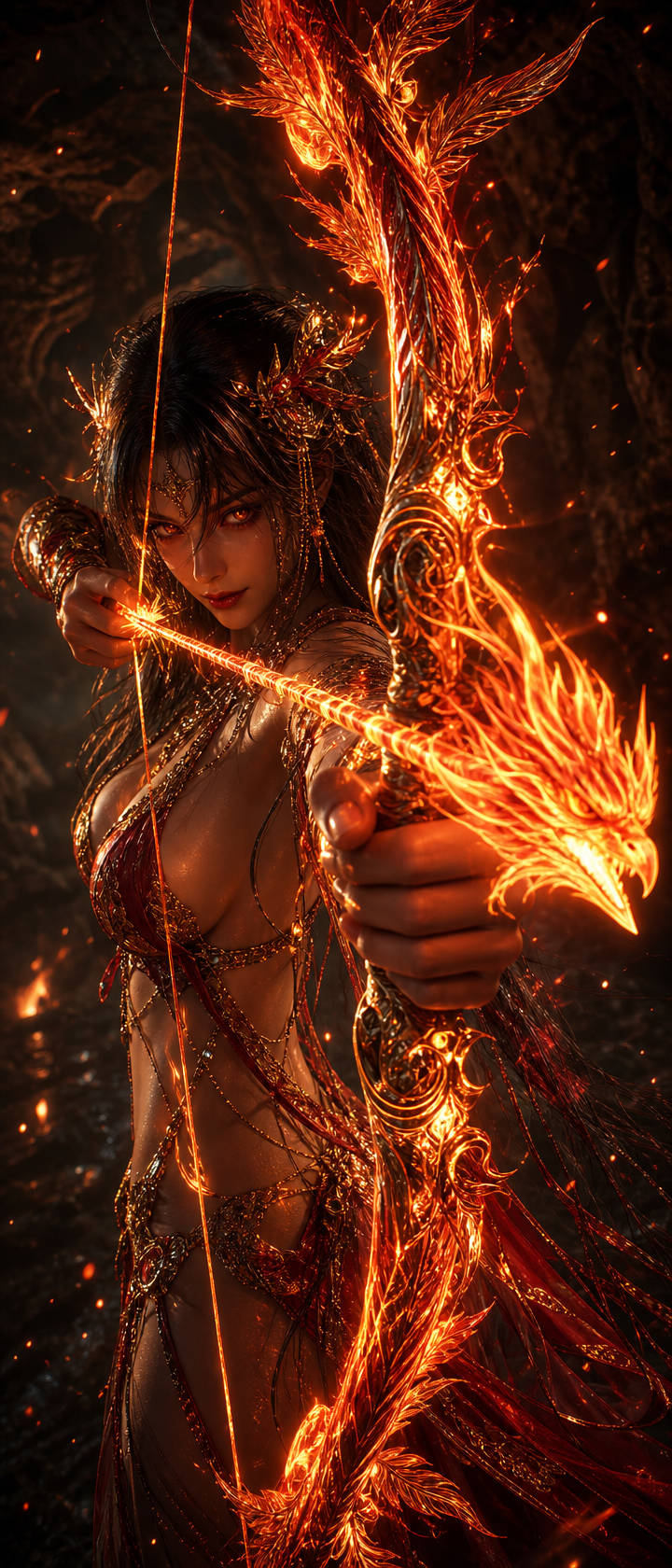 Fiery fantasy archer woman with glowing lava-like bow and arrow in a dark cavern.