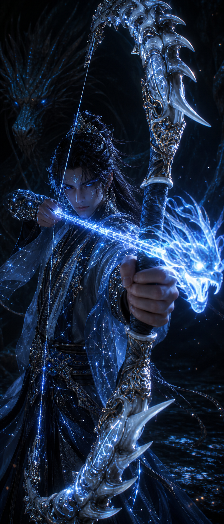 Fantasy archer with glowing blue ice bow and ornate armor aiming an arrow.
