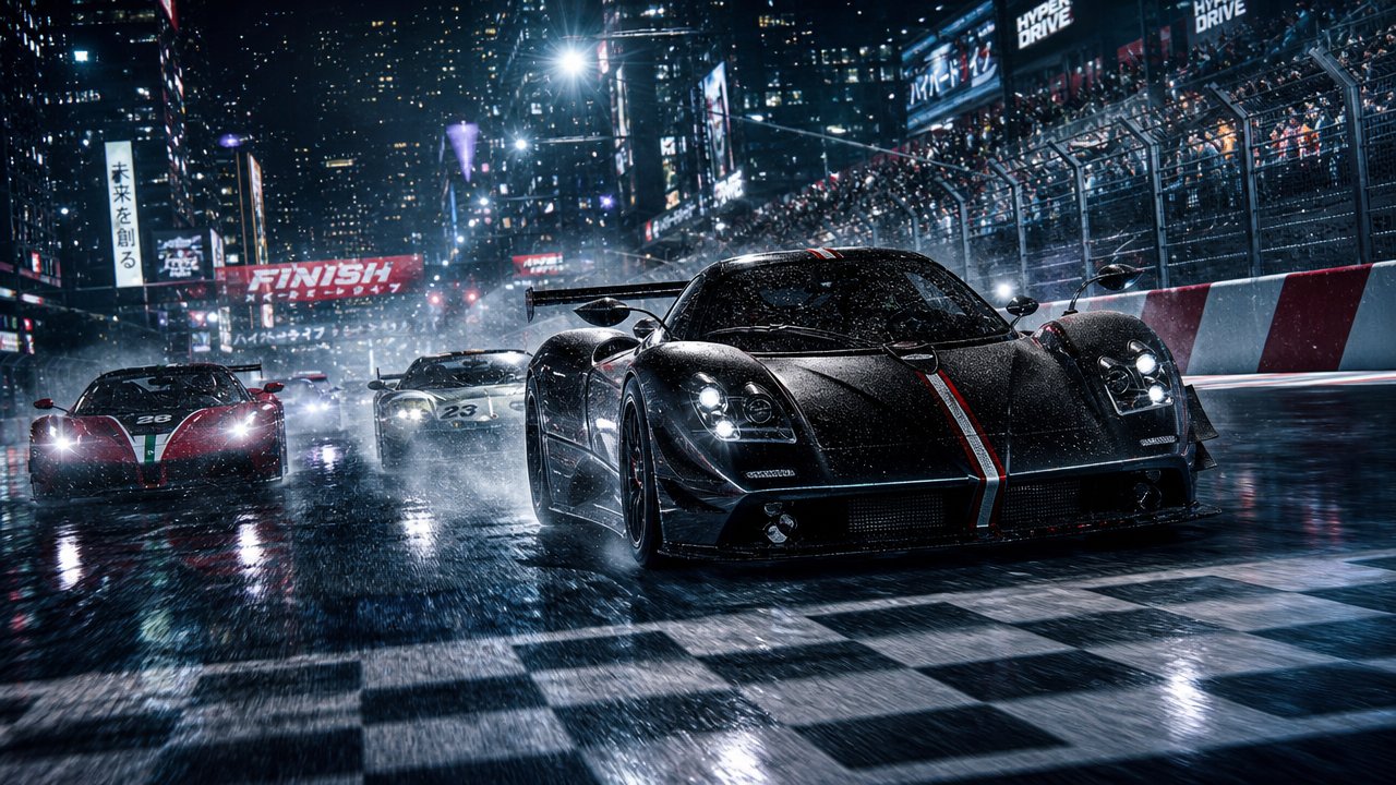 Black hypercar leads a wet night city race on a glossy rain-soaked track with neon lights.