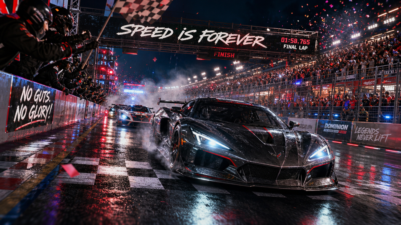 Race cars cross a wet finish line under bright stadium lights with a cheering crowd.