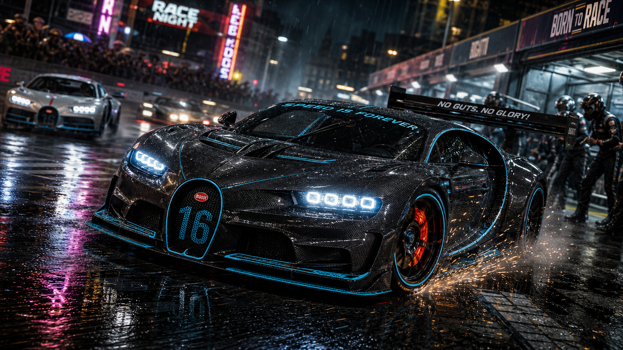 Bugatti race car on a wet night track with neon reflections and glowing headlights