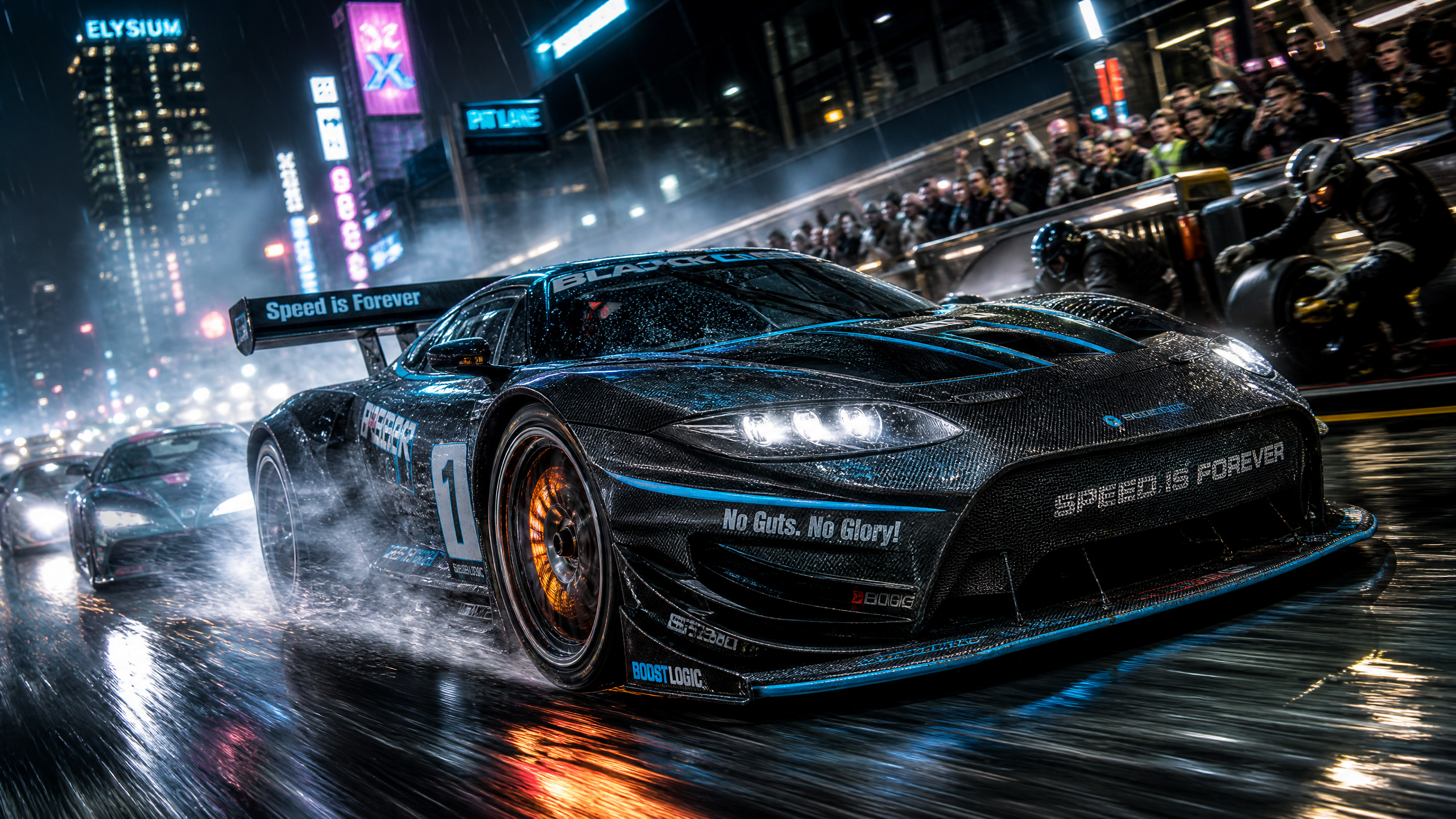 Sleek black race car on a wet city street at night with neon reflections and spray behind it.