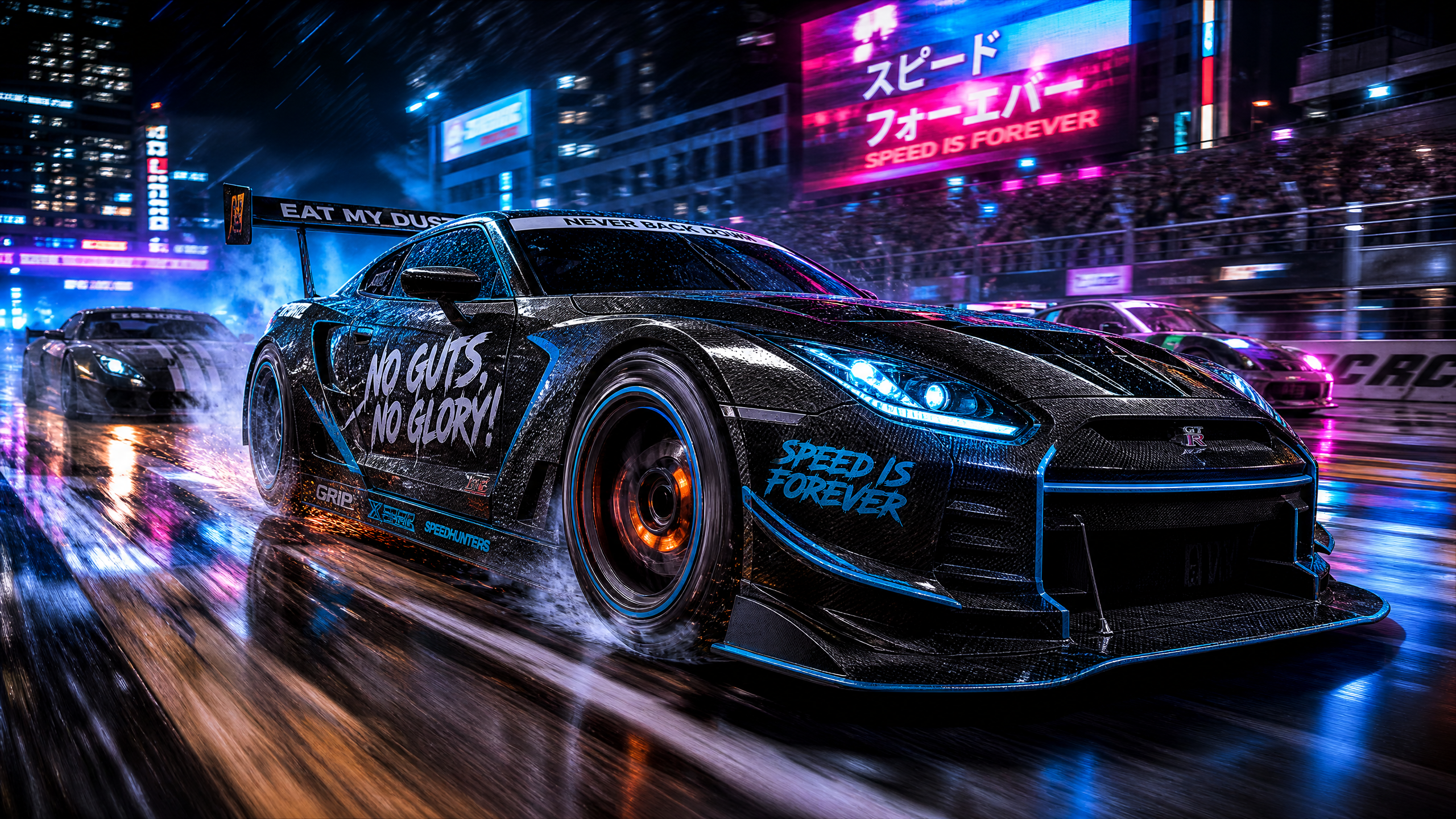 Nighttime neon-drenched drift car on a wet track with blue accents and "Speed is Forever" lettering