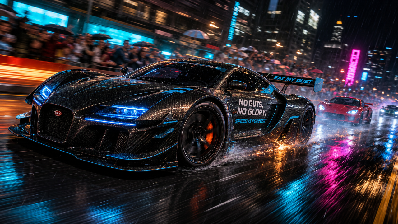 Black Bugatti race car speeding on a wet city street at night with neon reflections.
