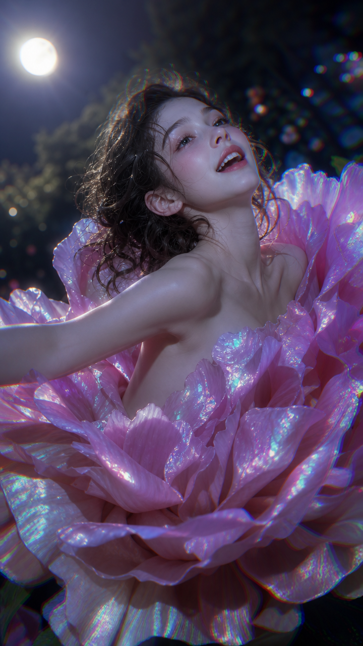 Young woman in an iridescent pink petal gown under moonlight.
