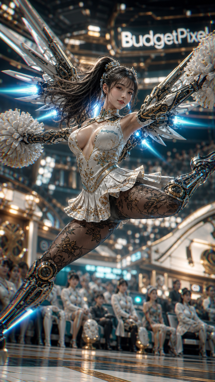Female cosplayer in metallic armor with robotic wings mid-air kick at a tech expo.