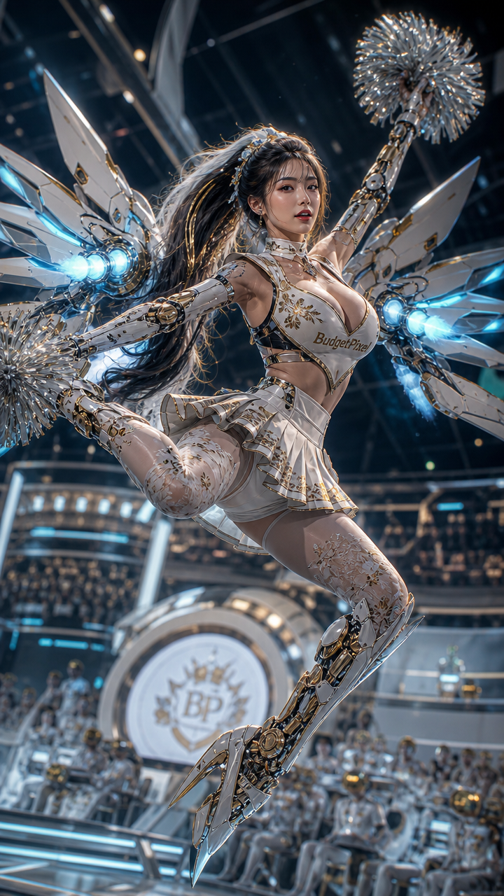 Futuristic armored performer in white-gold cosplay with mechanical wings and staff in a dynamic mid-air pose.