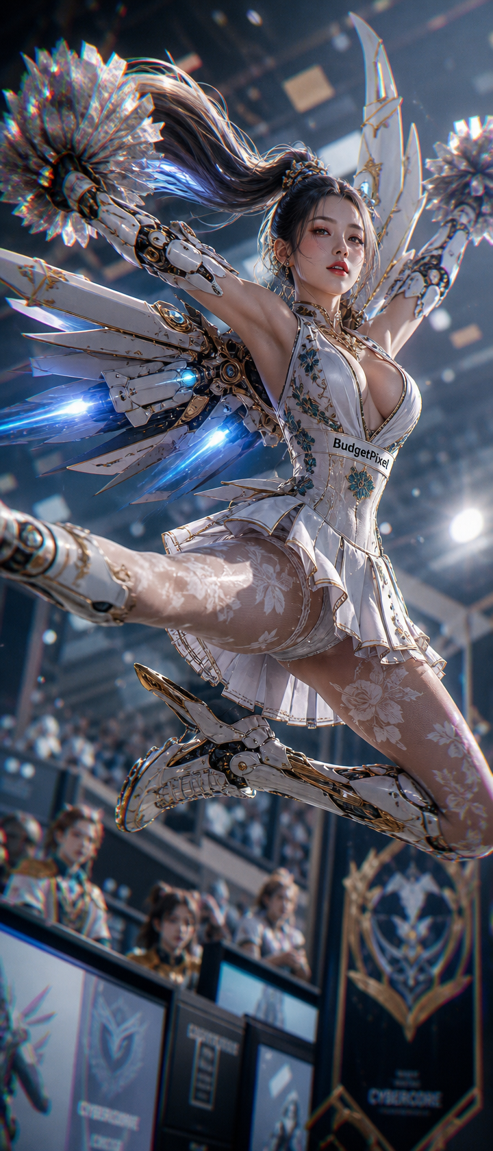 Cosplayer in silver mechanical angel armor with wings performing mid-air at a tech cosplay contest.