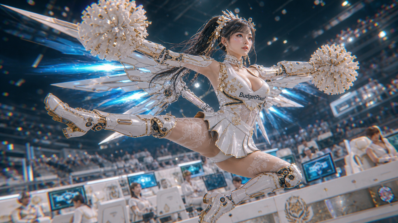 Female performer in white robotic cheerleading armor leaping mid-air with pom-poms at an esports arena.