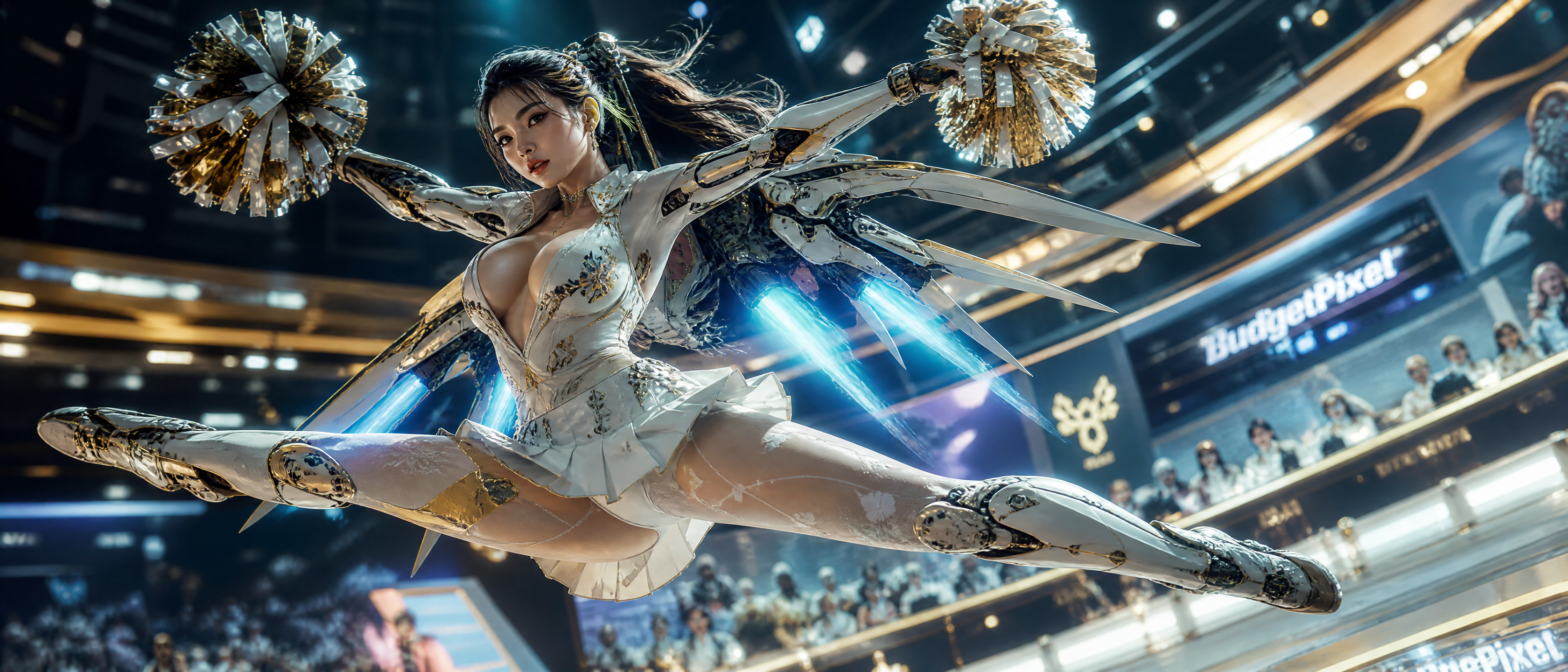 Dynamic futuristic cheerleader in white metallic costume leaping with gold pom-poms in a neon-lit arena
