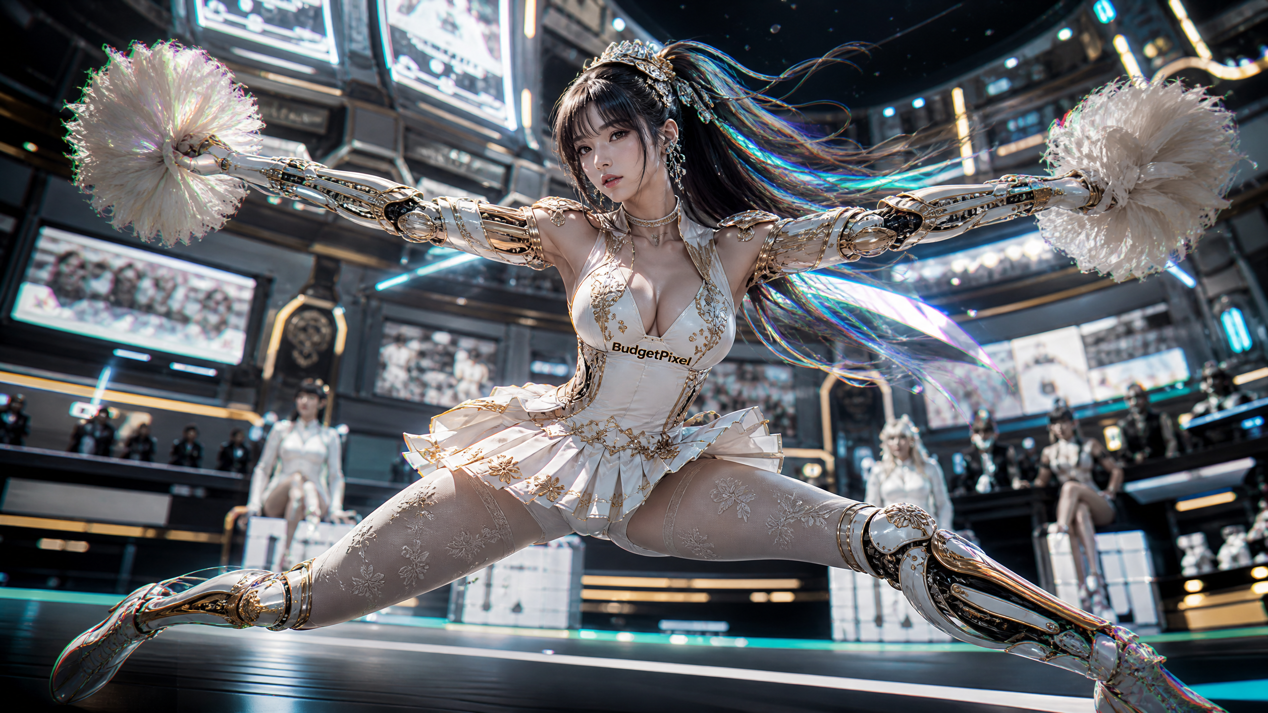 Futuristic cheerleader with metallic armor and robotic arms performing a wide split on a neon-lit high-tech stage.