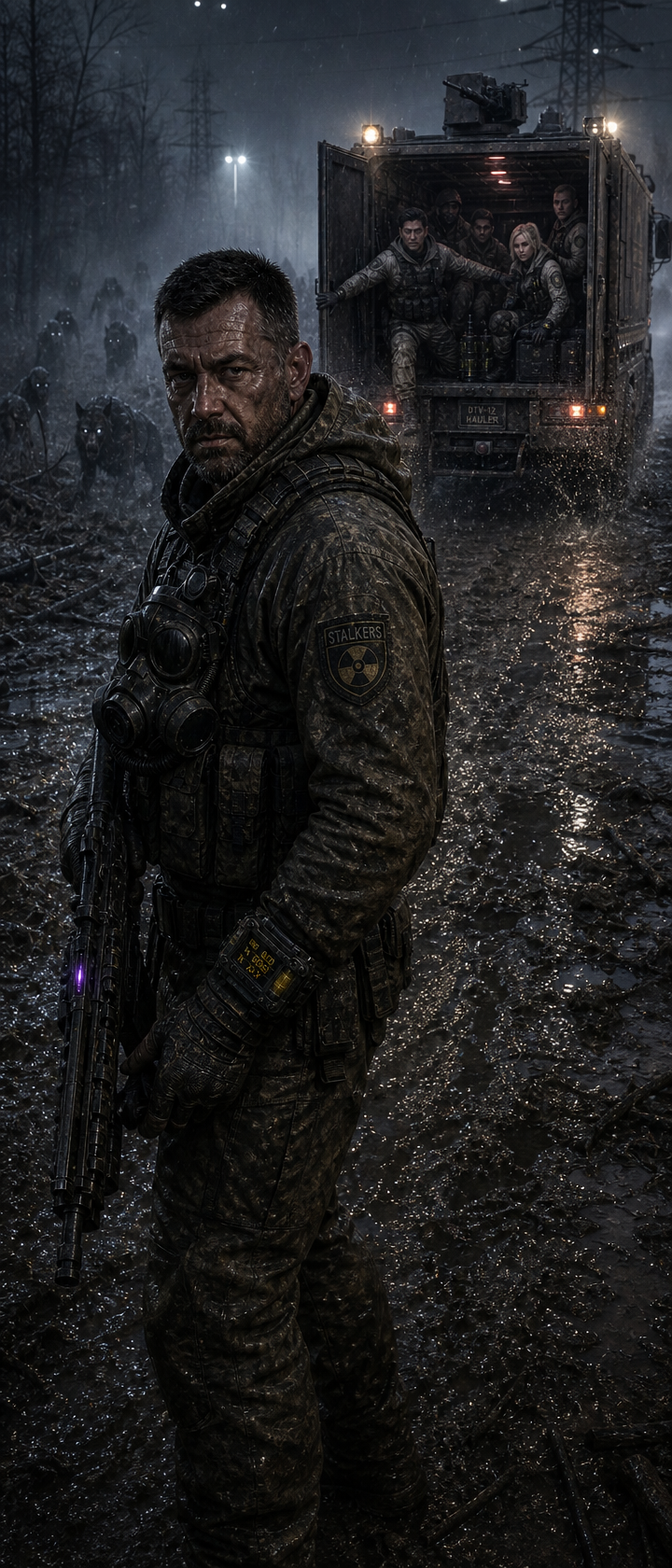 Rugged soldier in muddy, rain-soaked night with a truck carrying survivors in the background.