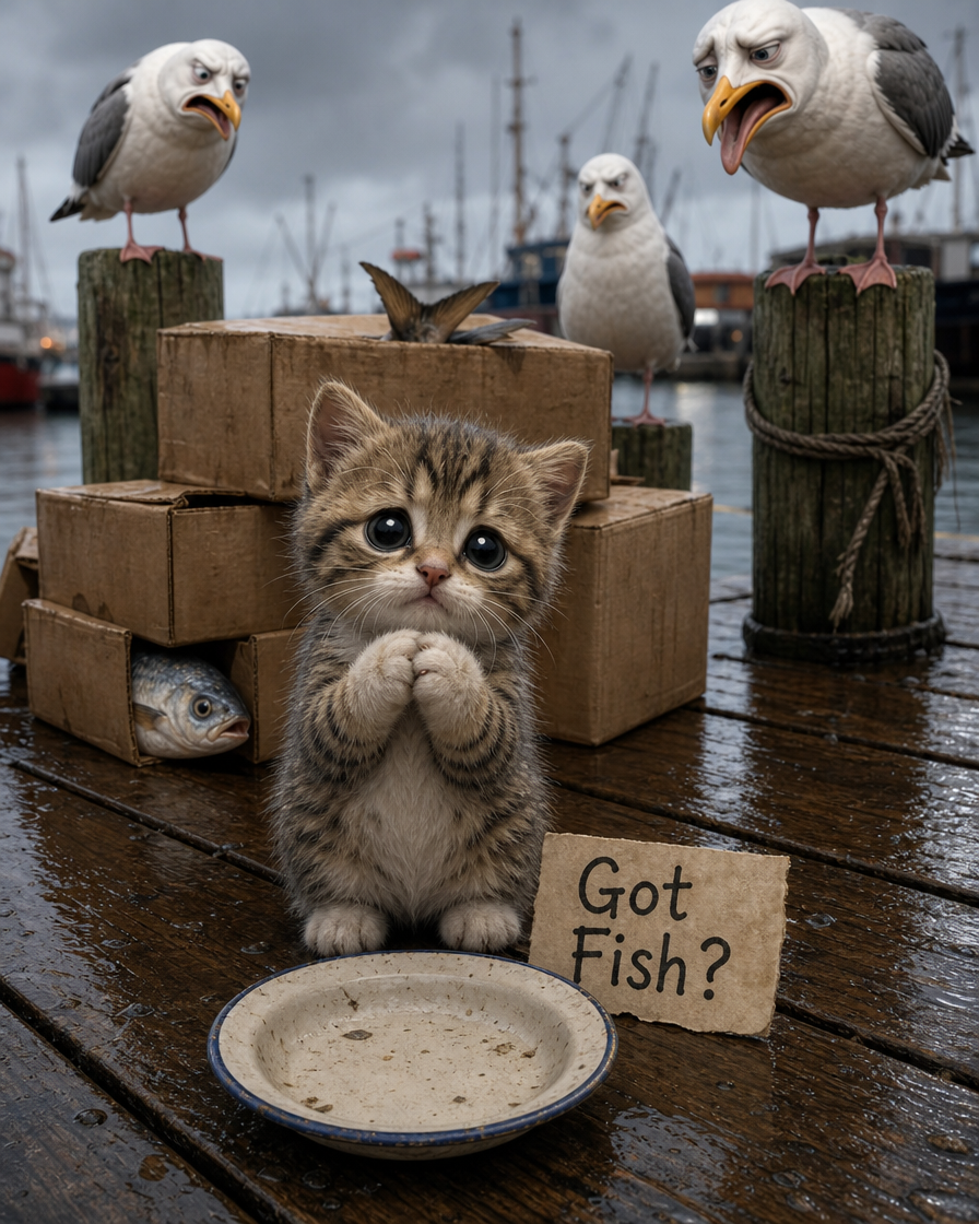 Adorable kitten on a wet dock with fish, cardboard boxes, and seagulls, beside a "Got Fish?" sign.