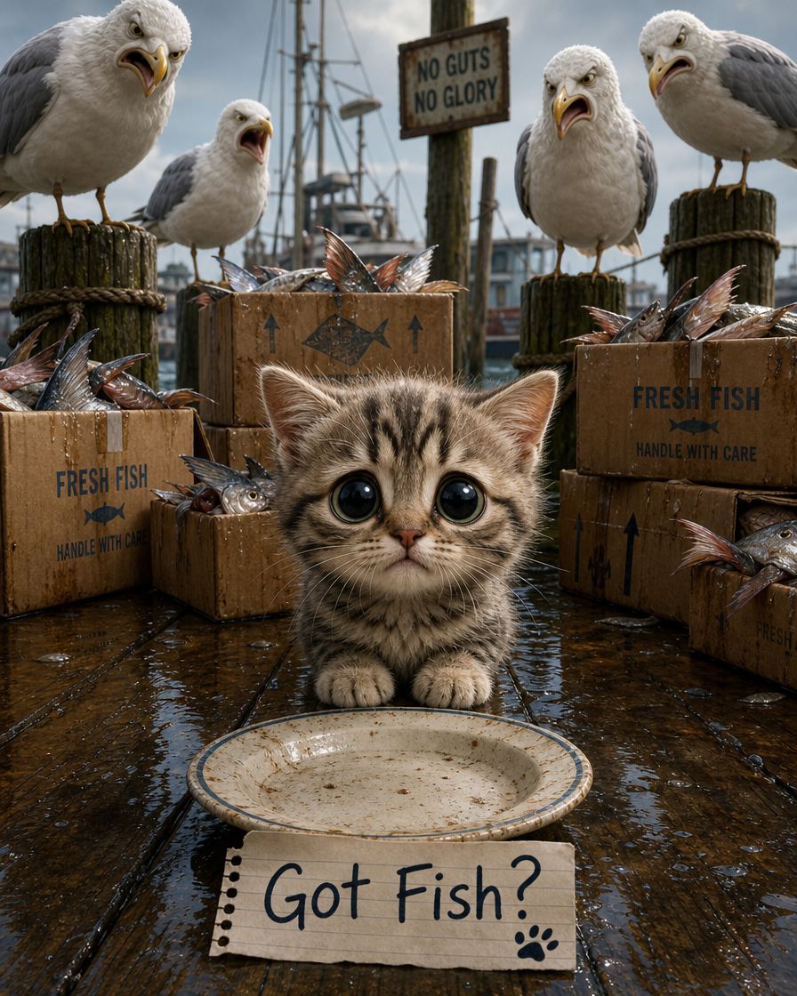 Cute kitten on a fishing dock with fish boxes and seagulls, beside a "Got Fish?" sign and plate.