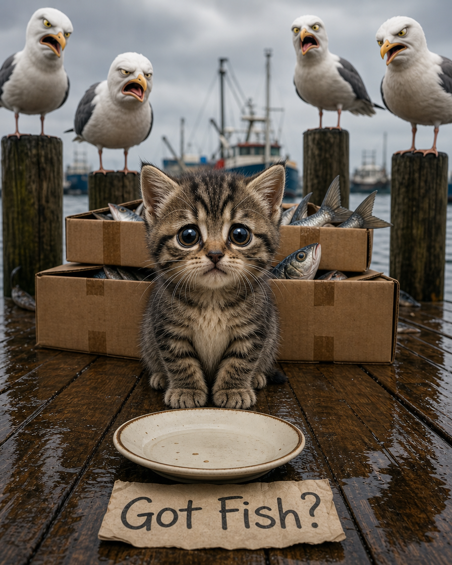 Adorable striped kitten on a dock with fish-filled boxes and seagulls perched behind.