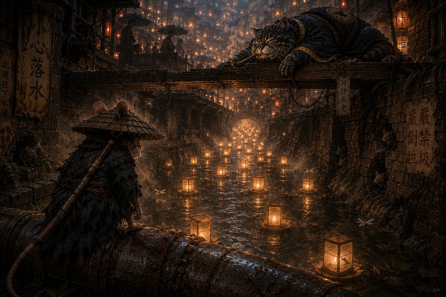 Dark fantasy river scene with armored warrior by lantern-lit waters and a dragon perched on a bridge.