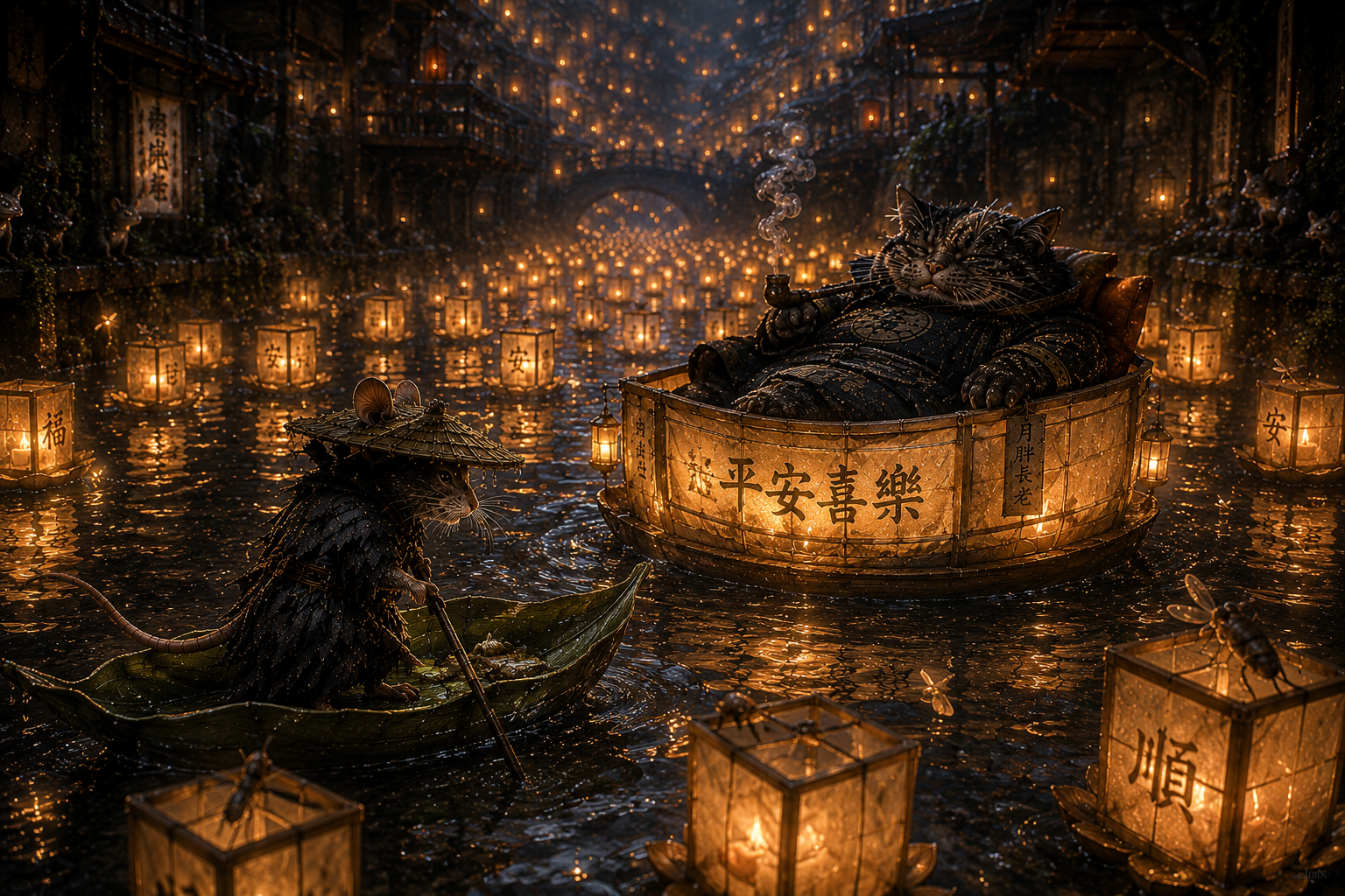 Lantern-lit river with a large armored creature resting in a boat, a small rat-rower in a green canoe nearby.