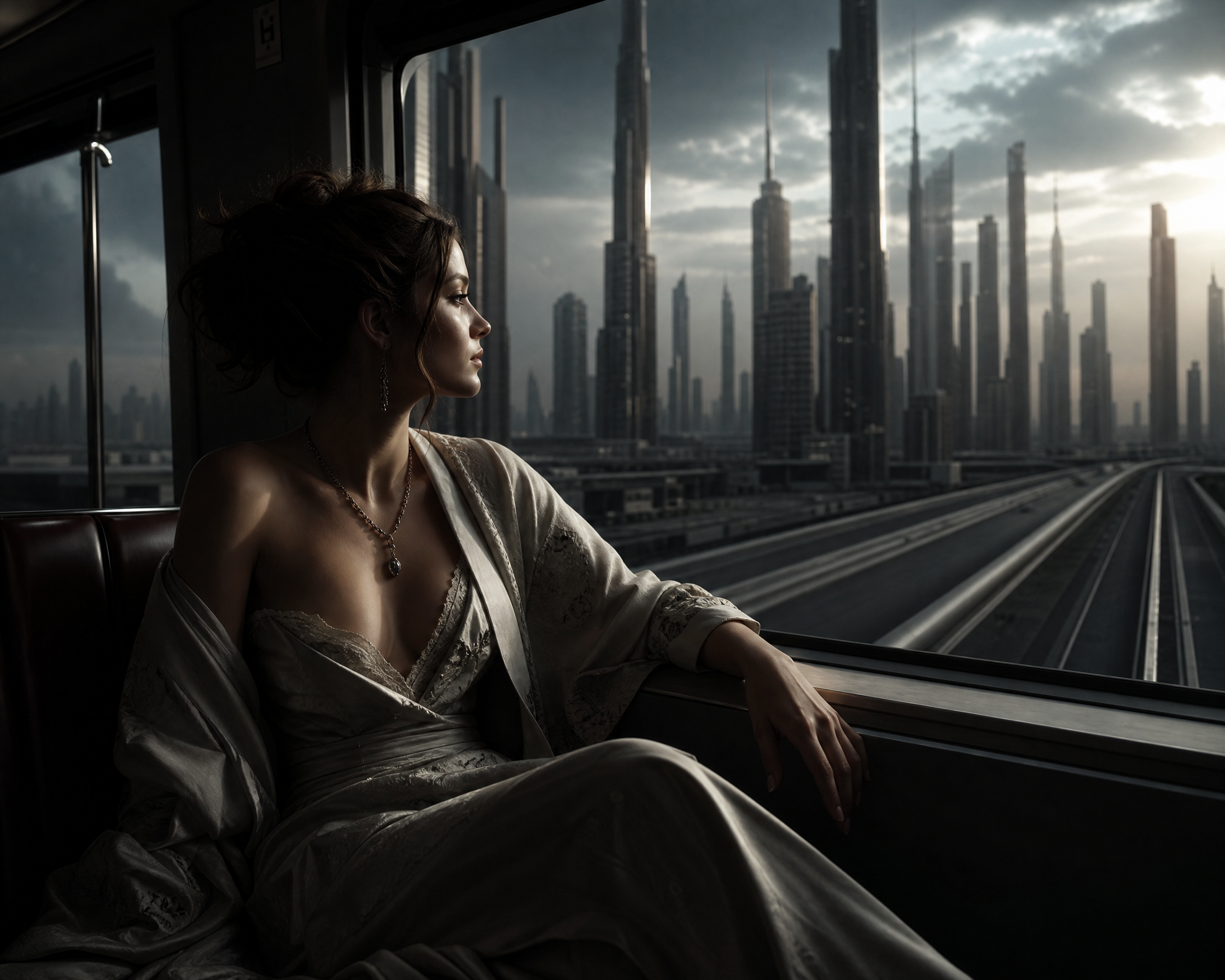 Woman in an elegant white dress gazing out a train window at a futuristic city skyline.