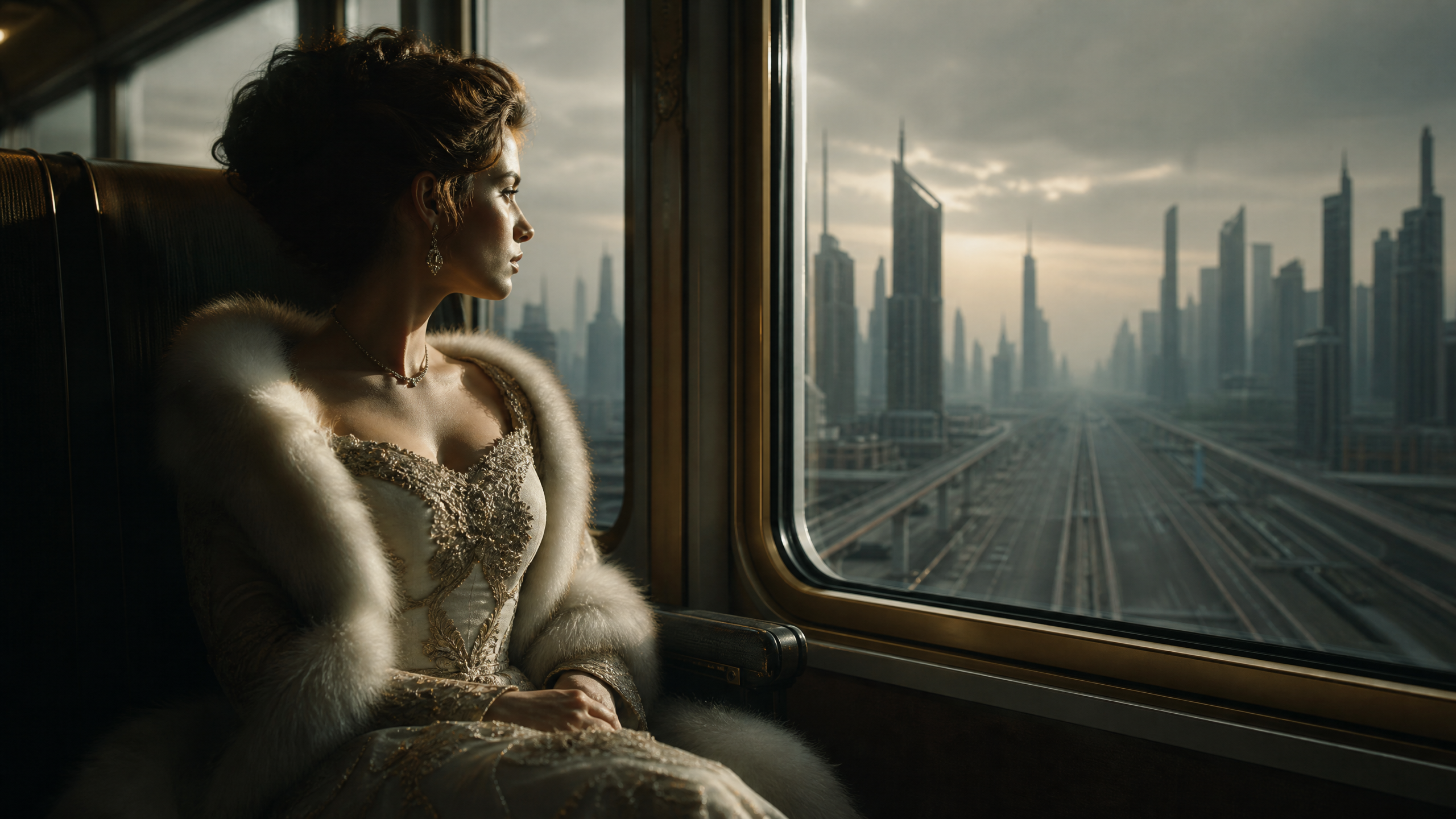 Woman in an elegant fur-trimmed gown gazing out a train window at a futuristic city skyline.