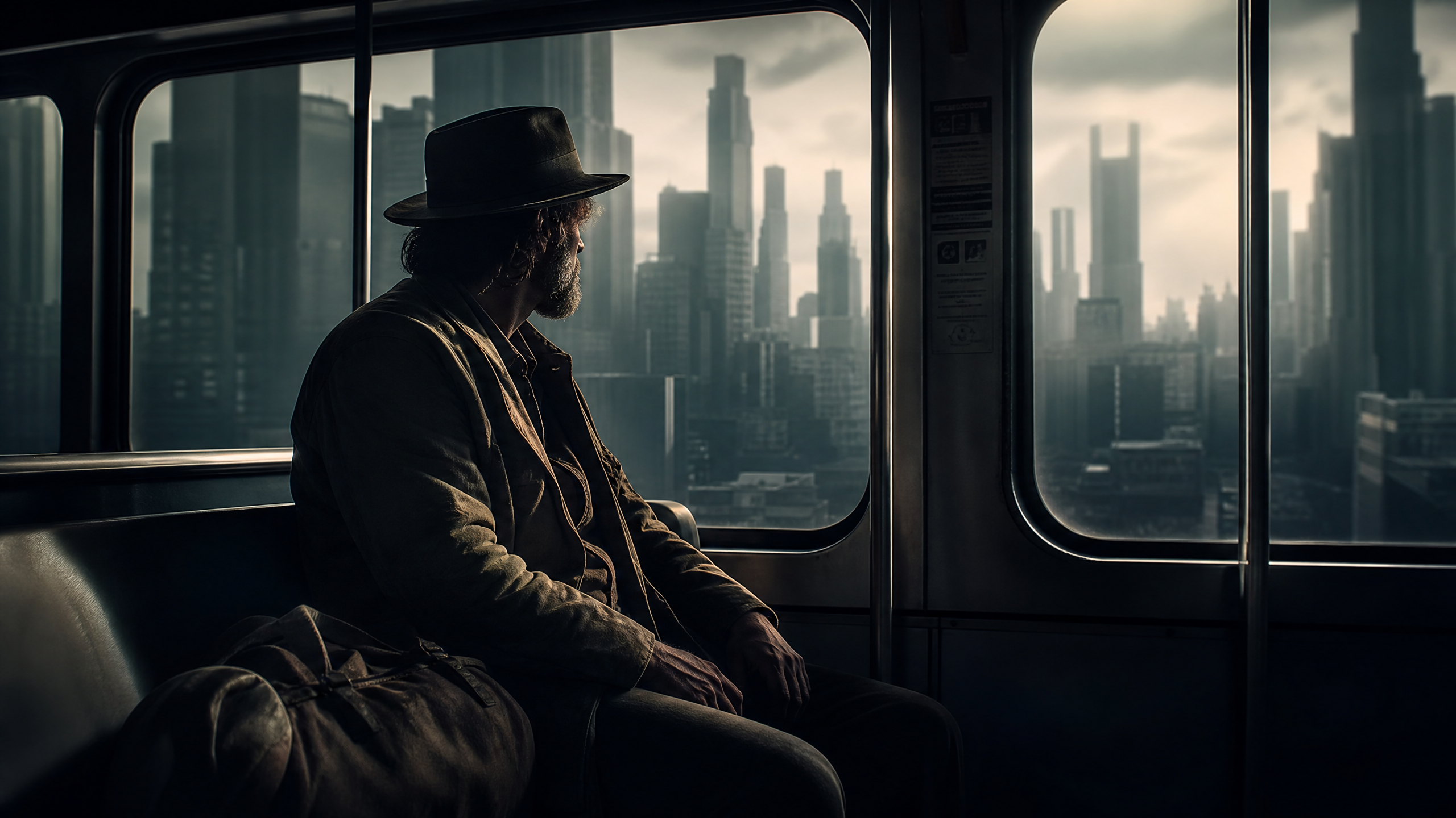 Man with a hat sitting by a bus window, gazing at a distant city skyline.