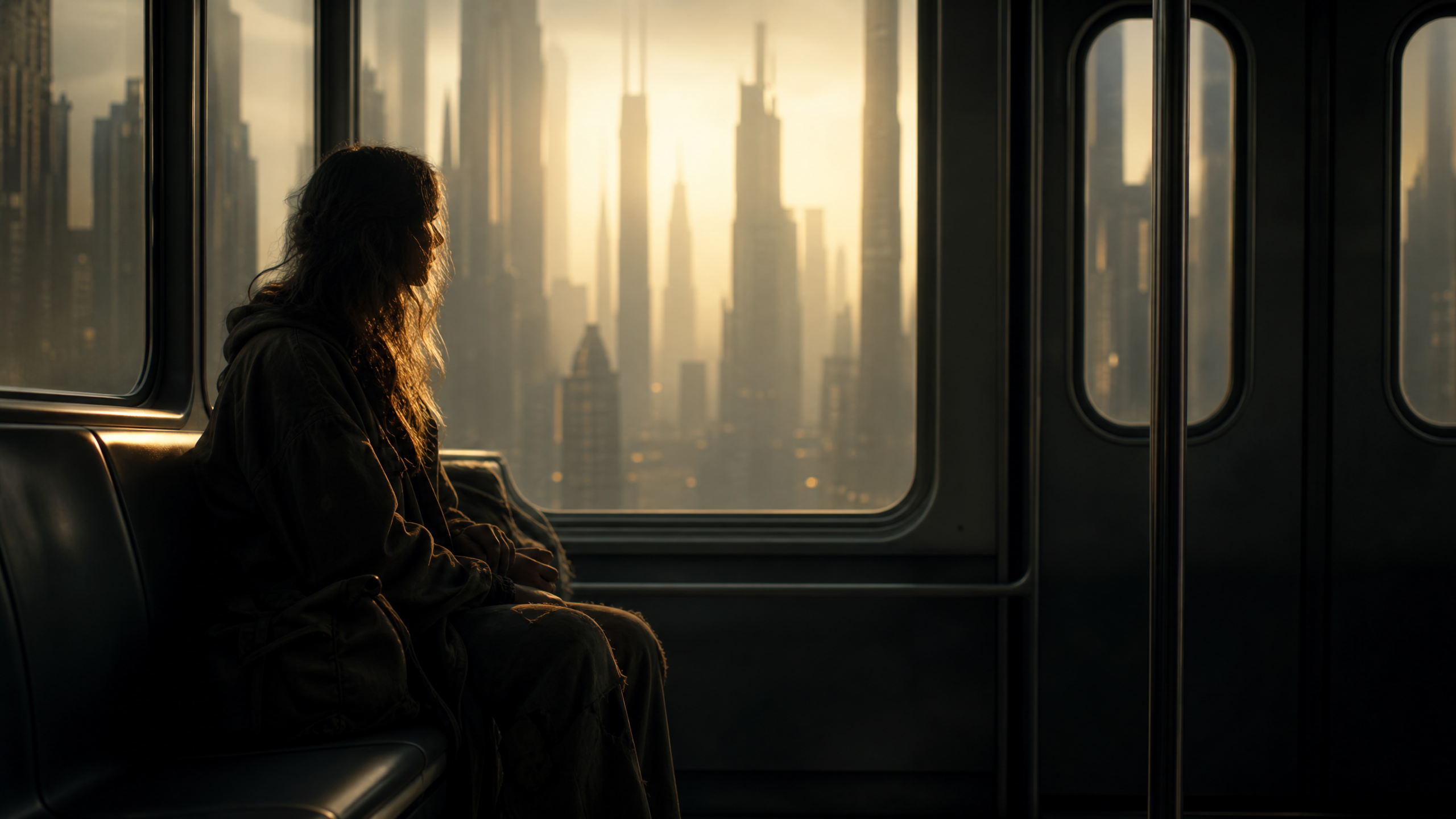 Person sitting alone on a subway car with a glowing city skyline at sunset through the windows.