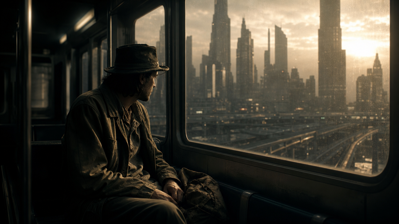 Man in a train looking out at a sunset-lit futuristic city skyline.