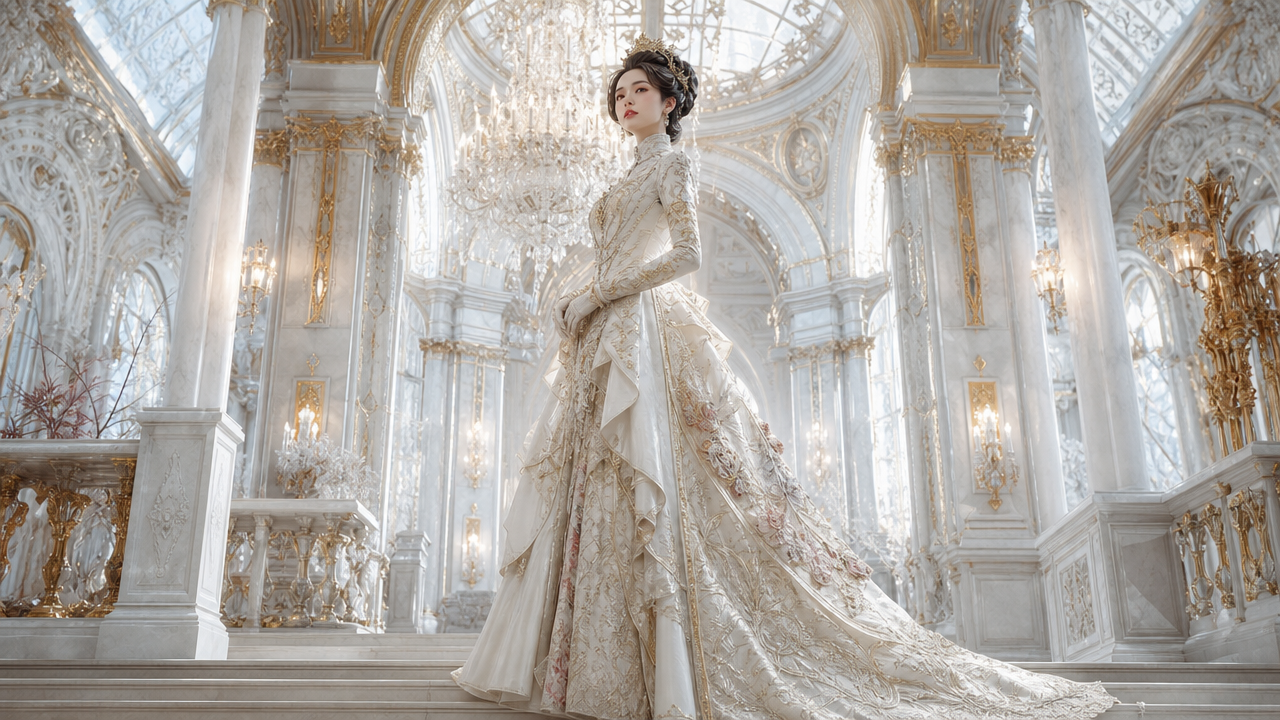 A woman in an ornate Victorian-era wedding gown stands in a gilded marble palace hall with chandeliers.