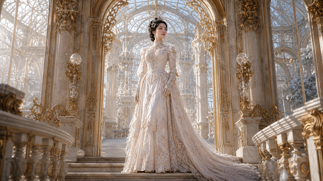 A regal woman in an ivory lace wedding gown stands on a gilded staircase inside an ornate crystal-lit palace.