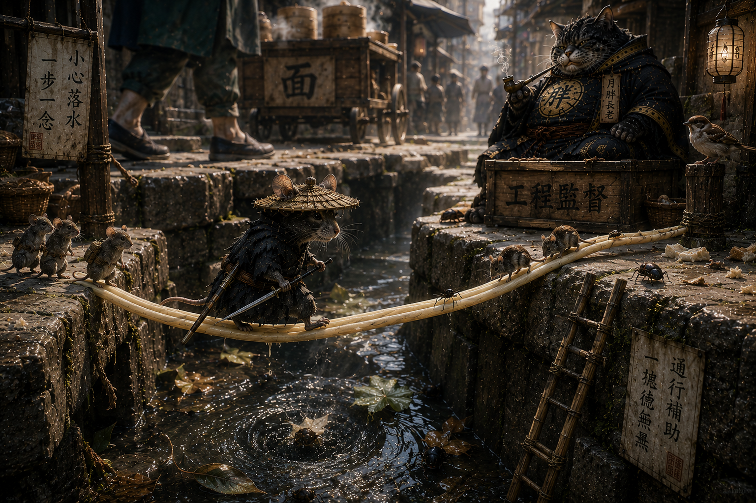 Anthropomorphic cats in a misty canal town, one on a rope bridge above water with wooden signs and lanterns.