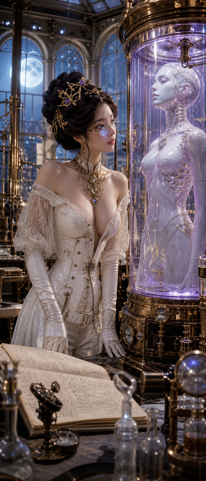 Woman in a Victorian steampunk gown admires a glass-tube scientific mannequin in an ornate laboratory.