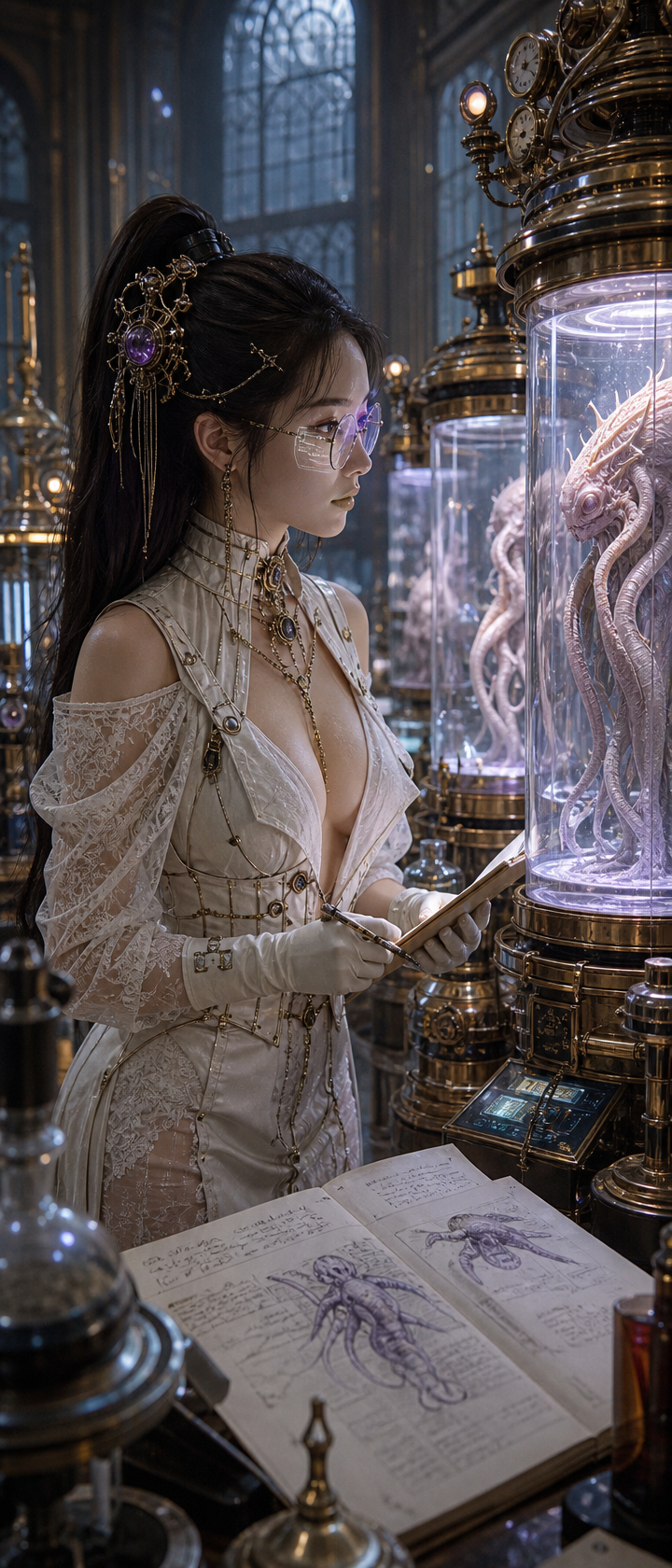 Woman in white lace steampunk dress studying a glowing specimen in brass laboratory tanks.