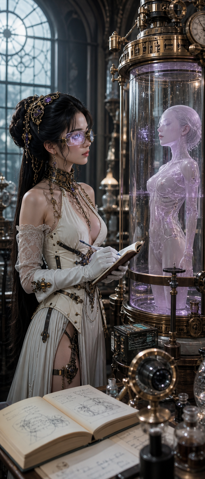 Steampunk-fantasy woman in ivory gown writes beside a glowing glass containment with a translucent humanoid figure.