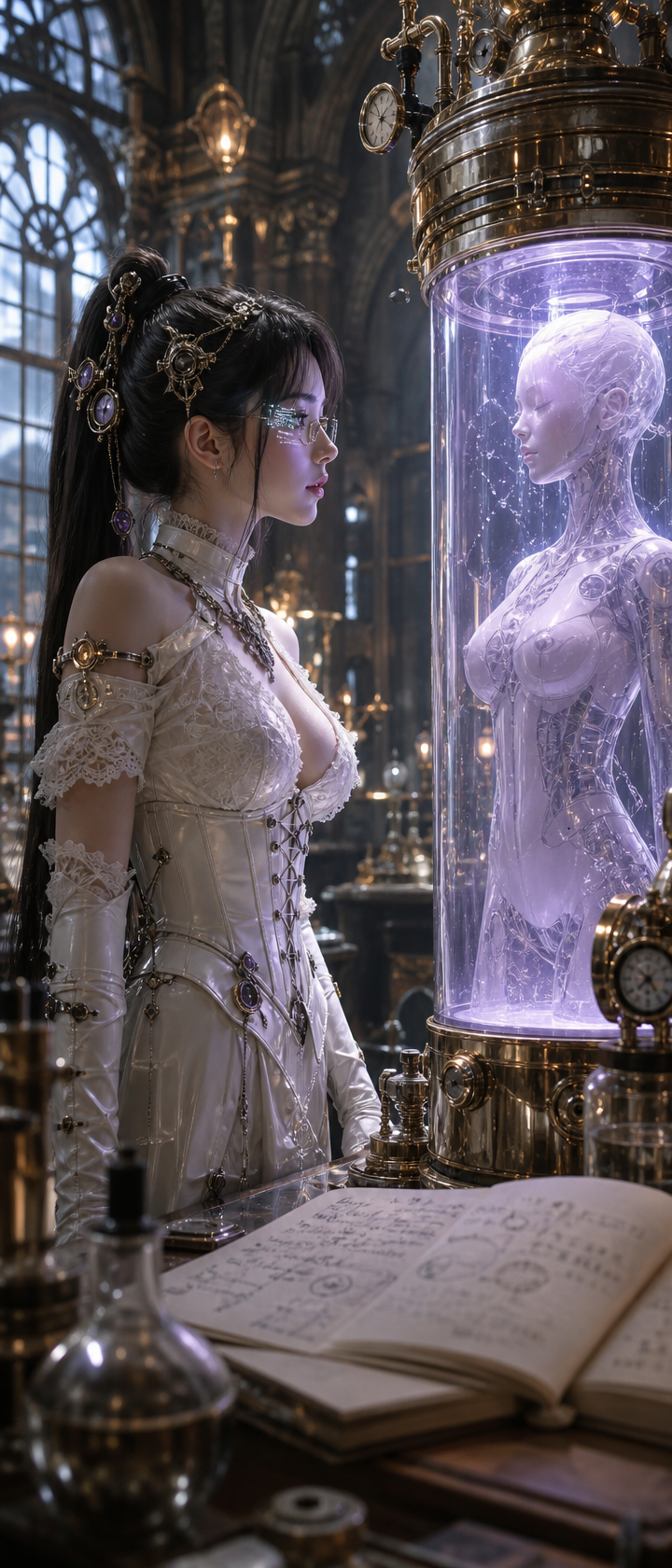 Woman in an ornate white gown gazes at a glowing humanoid figure inside a glass chamber.