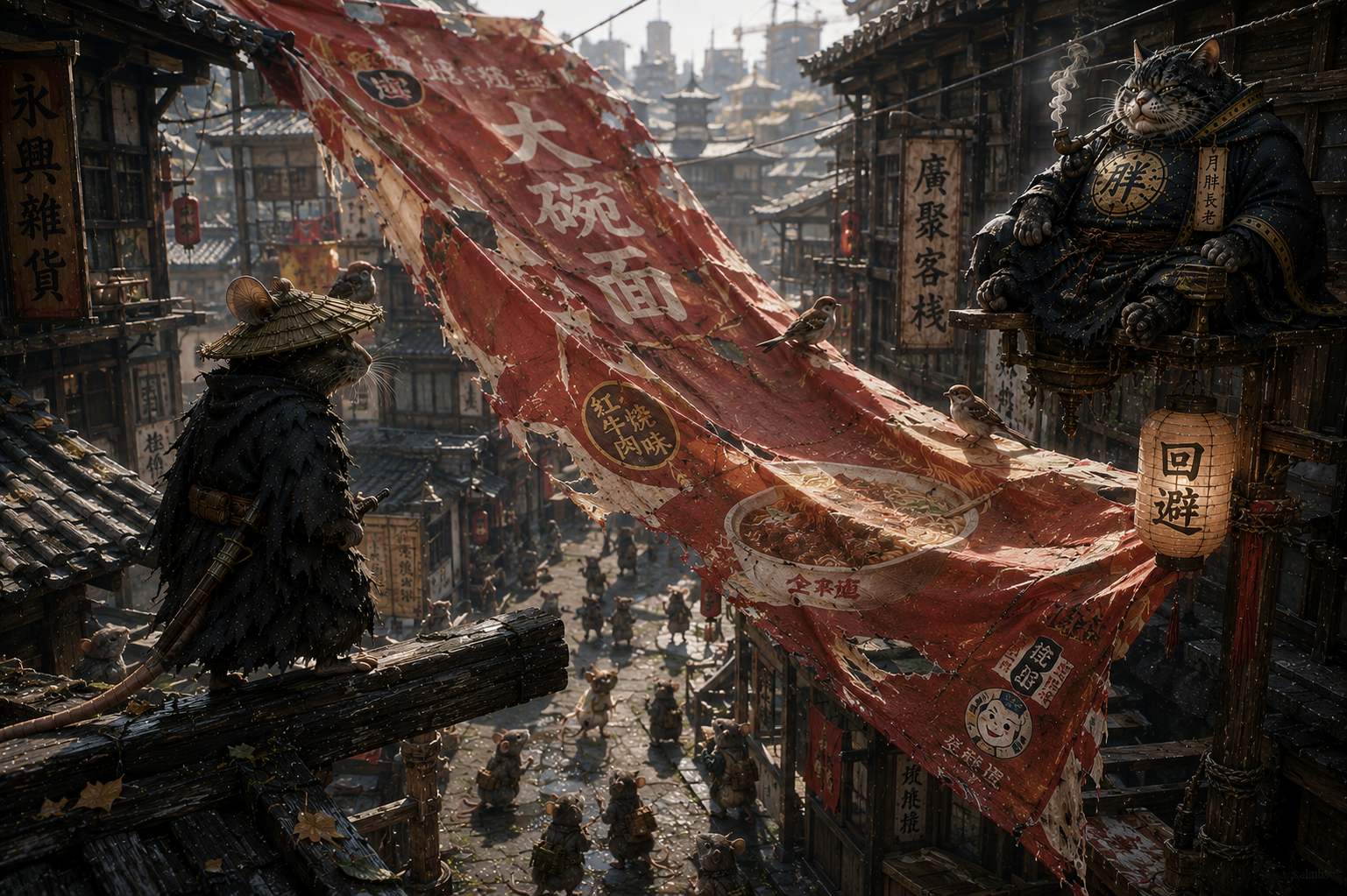 Bustling ancient Asian fantasy street scene with a large red banner, wooden buildings, lanterns, and a giant guardian statue.