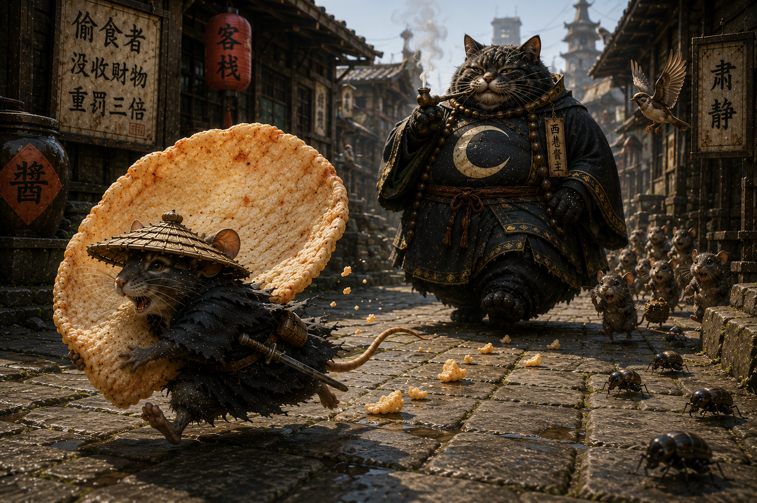 Armored cat warlord with crescent moon emblem battles a rat warrior in a historic Chinese street
