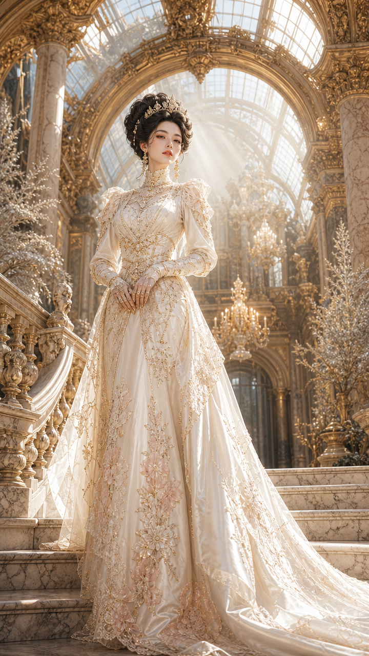 Brilliantly dressed bride in an ornate ivory wedding gown with lace, standing on marble steps in a gilded palace.