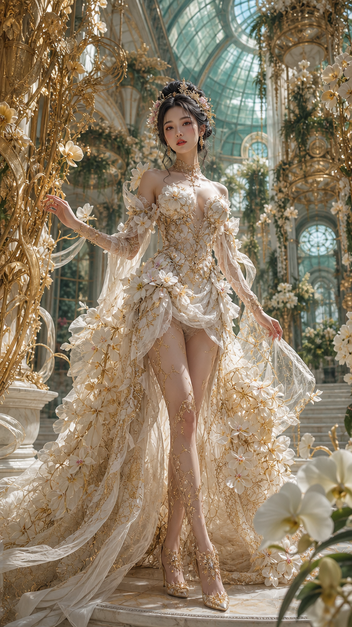 Elegant woman in a cream-gold floral couture gown in an ornate glass conservatory.