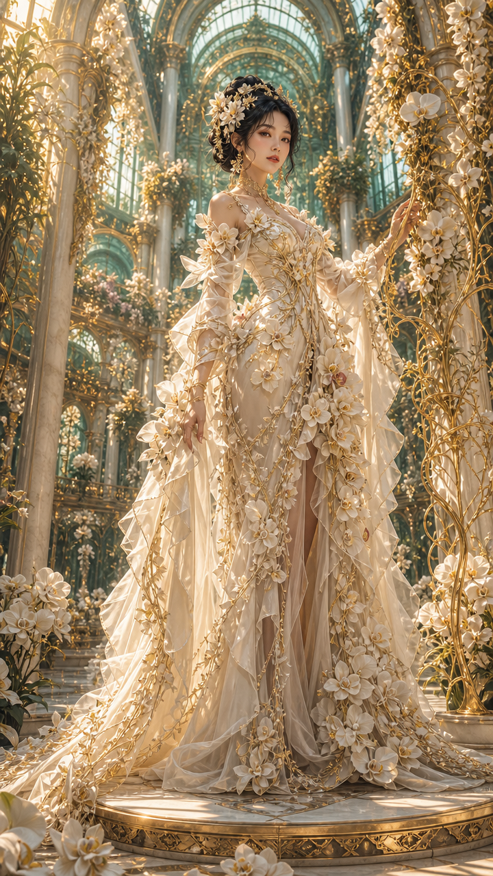 Woman in an ivory-gold floral gown with 3D petals in an ornate glasshouse setting.