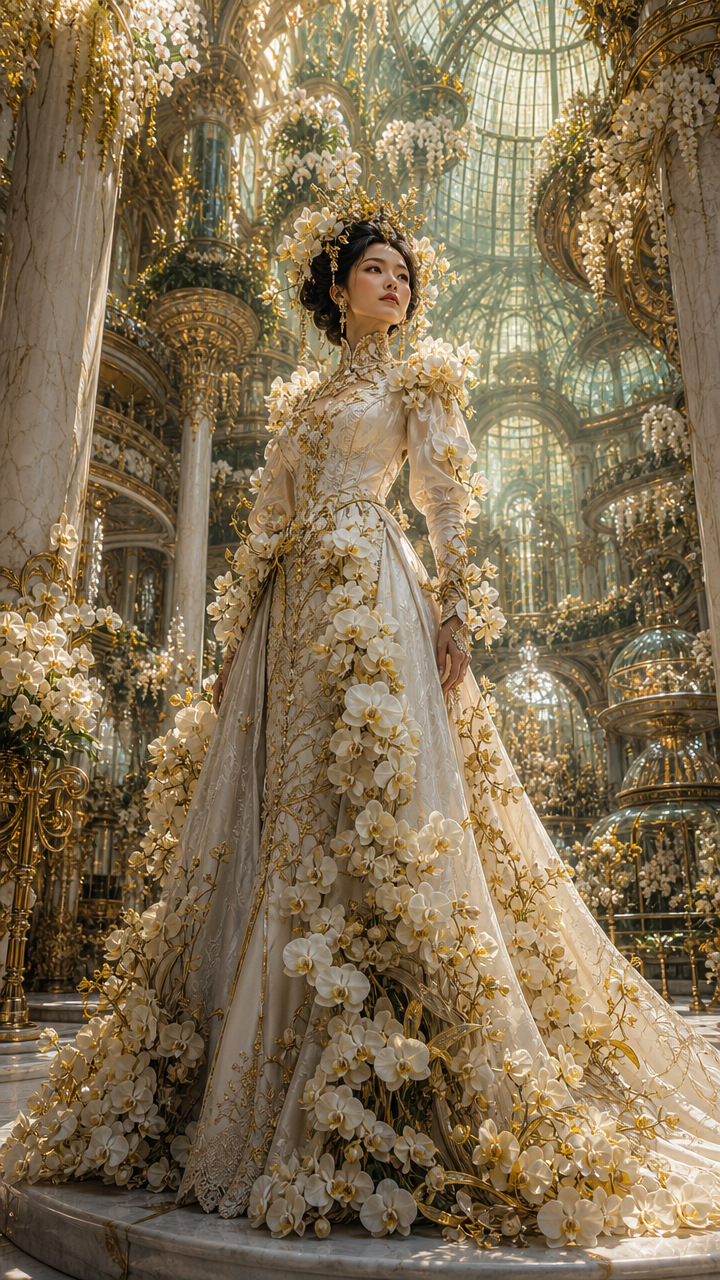 Elegant woman in an ivory couture gown covered in gold and white flowers in a gilded, floral palace interior.
