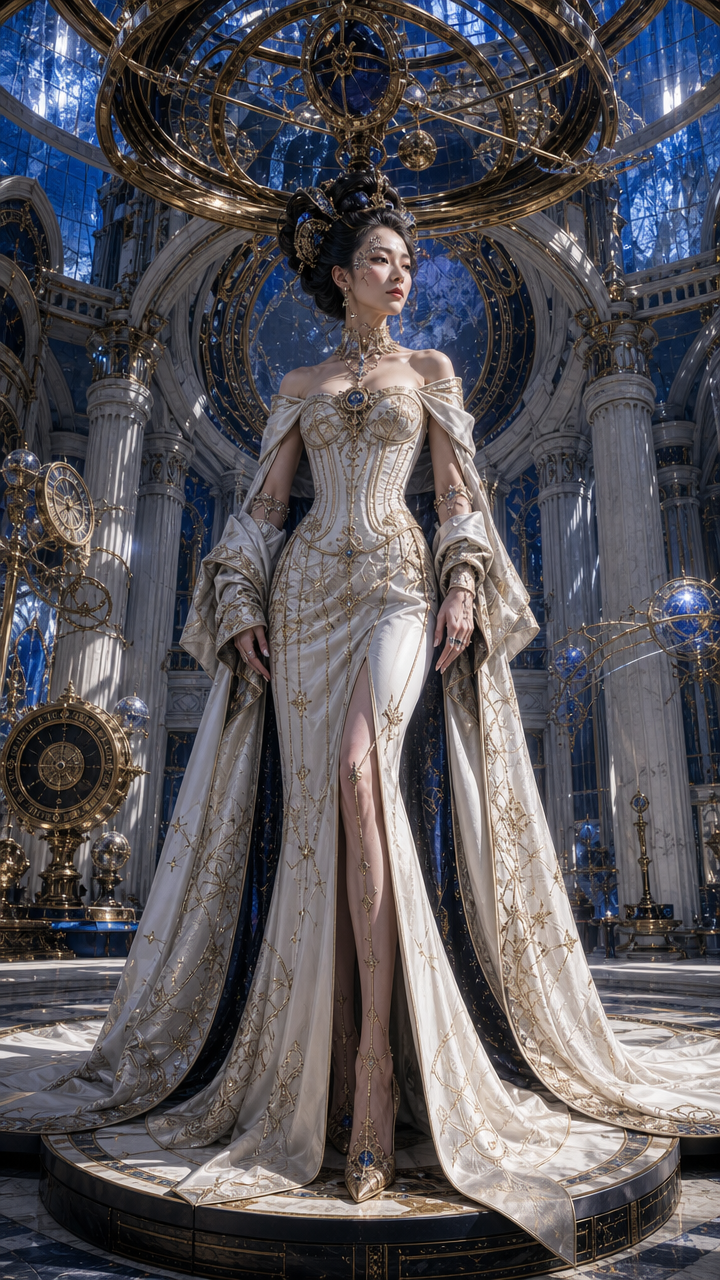 Elegant woman in ivory, gold-embellished couture gown stands in an ornate celestial hall.