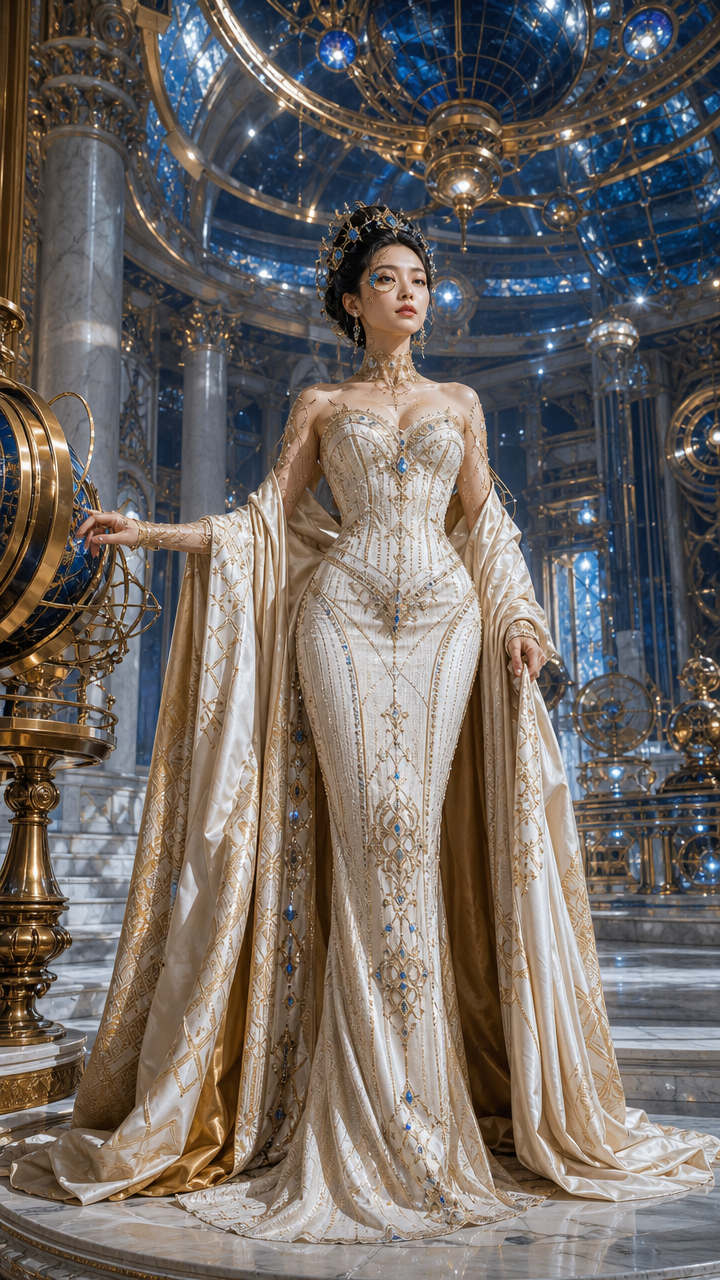 Regal woman in an ornate gold-embellished gown with cape in a lavish palace hall.