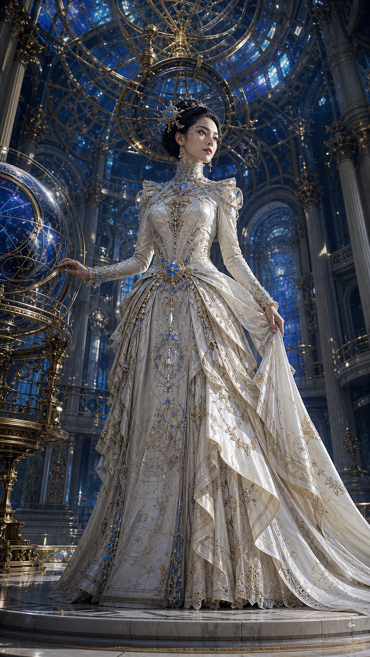 Elegant woman in an ornate ivory gown stands in a gilded, machine-filled palace.