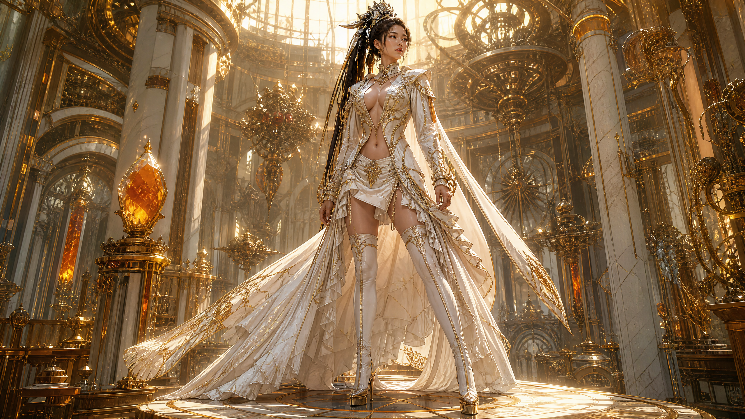 Regal woman in a gold-cream gown with a long cape in a gilded, ornate throne room.