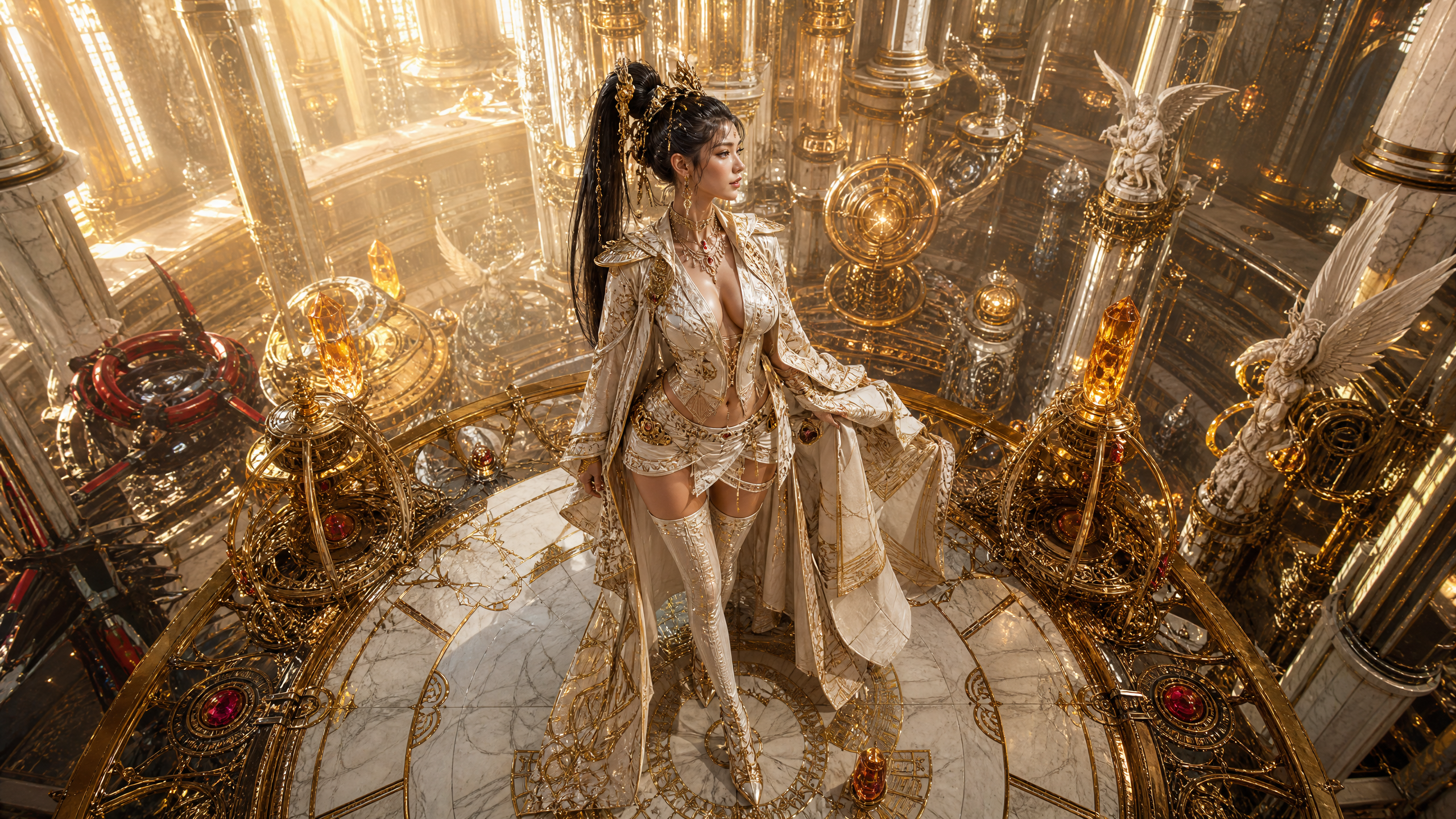 Luxurious golden throne room scene with a woman in ornate white-gold couture costume.